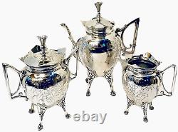 Rogers & Smith Aesthetic Movement Etched Silverplate 3 Piece Victorian Tea Set