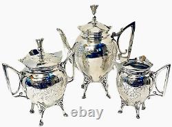 Rogers & Smith Aesthetic Movement Etched Silverplate 3 Piece Victorian Tea Set