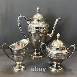 Rose Point by Wallace Silverplate Tea Set 3pc Coffee Tea Pot Sugar Creamer