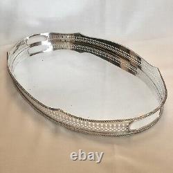 SILVER PLATED Vintage Large Oval Pierced Gallery Tea Serving Tray Mirror Surface