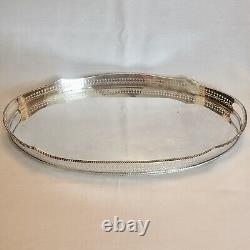 SILVER PLATED Vintage Large Oval Pierced Gallery Tea Serving Tray Mirror Surface