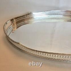 SILVER PLATED Vintage Large Oval Pierced Gallery Tea Serving Tray Mirror Surface