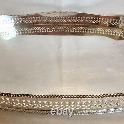 SILVER PLATED Vintage Large Oval Pierced Gallery Tea Serving Tray Mirror Surface