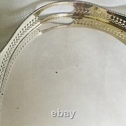 SILVER PLATED Vintage Large Oval Pierced Gallery Tea Serving Tray Mirror Surface