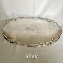 SILVER PLATED Vintage Large Oval Pierced Gallery Tea Serving Tray Mirror Surface