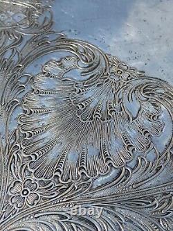 STUNNING Antique Silver on Copper Butler Serving Tea Tray Ornate Floral Footed