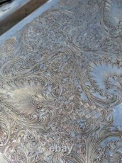 STUNNING Antique Silver on Copper Butler Serving Tea Tray Ornate Floral Footed