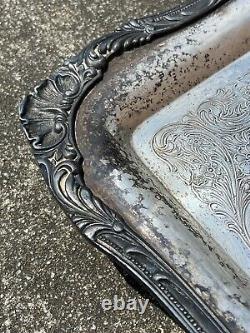 STUNNING Antique Silver on Copper Butler Serving Tea Tray Ornate Floral Footed