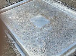 STUNNING Antique Silver on Copper Butler Serving Tea Tray Ornate Floral Footed