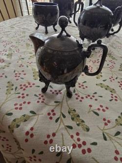 Seven Piece Antique Figural Clawfoot Silver Plate Tea Set