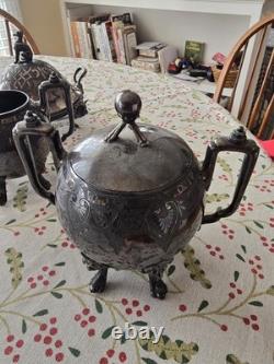 Seven Piece Antique Figural Clawfoot Silver Plate Tea Set