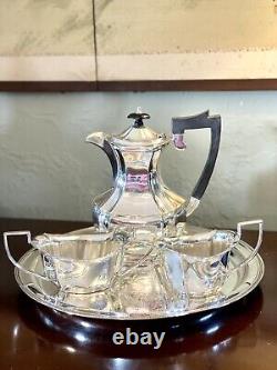 Sheffield Silverplate Tea Set 4 Piece Tray, Creamer, Sugar, Coffee Pot