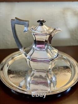 Sheffield Silverplate Tea Set 4 Piece Tray, Creamer, Sugar, Coffee Pot