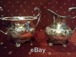 Sheffield style hand chased silver tea set with tray & bonus pieces, 10 pc total