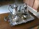 Sheridan Silver On Copper Tea Coffee Pot Set, Silverplate Footed Serving Tray