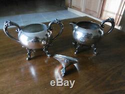 Sheridan Silver on Copper Tea Coffee Pot Set, Silverplate Footed Serving Tray