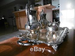 Sheridan Silver on Copper Tea Coffee Pot Set, Silverplate Footed Serving Tray