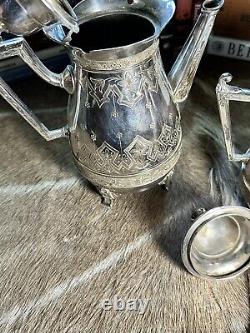 Silver Coffee Tea Set Qty 2 Aztec Spanish Mexican Theme Triple Silver Plate