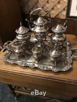 Silver On Copper 7 PC Coffee Tea Set With Tray Tilt Pot Creamer Sterling Mark