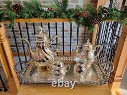 Silver Plate Over Ceramic Coffee & Tea Set w Silver Plated Tray & Pot Coozies