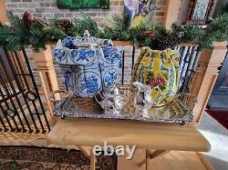 Silver Plate Over Ceramic Coffee & Tea Set w Silver Plated Tray & Pot Coozies