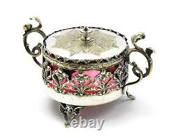 Silver Plate Tea Caddy Footed Lid Pierced Design Cranberry Glass Insert SLV213