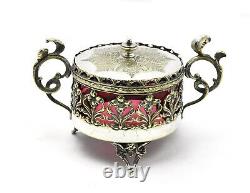 Silver Plate Tea Caddy Footed Lid Pierced Design Cranberry Glass Insert SLV213