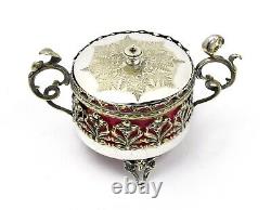 Silver Plate Tea Caddy Footed Lid Pierced Design Cranberry Glass Insert SLV213