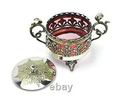 Silver Plate Tea Caddy Footed Lid Pierced Design Cranberry Glass Insert SLV213