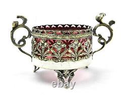 Silver Plate Tea Caddy Footed Lid Pierced Design Cranberry Glass Insert SLV213