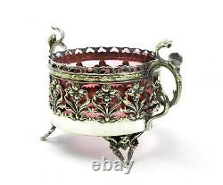 Silver Plate Tea Caddy Footed Lid Pierced Design Cranberry Glass Insert SLV213