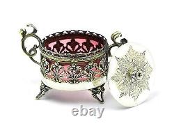 Silver Plate Tea Caddy Footed Lid Pierced Design Cranberry Glass Insert SLV213