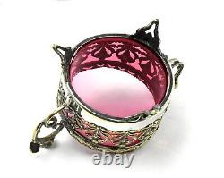 Silver Plate Tea Caddy Footed Lid Pierced Design Cranberry Glass Insert SLV213