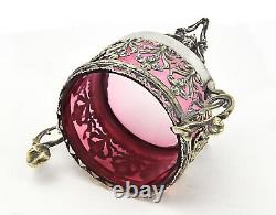 Silver Plate Tea Caddy Footed Lid Pierced Design Cranberry Glass Insert SLV213