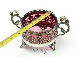 Silver Plate Tea Caddy Footed Lid Pierced Design Cranberry Glass Insert SLV213