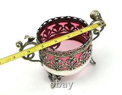 Silver Plate Tea Caddy Footed Lid Pierced Design Cranberry Glass Insert SLV213