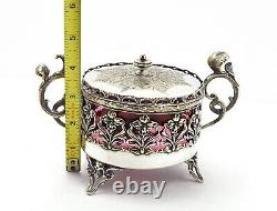 Silver Plate Tea Caddy Footed Lid Pierced Design Cranberry Glass Insert SLV213