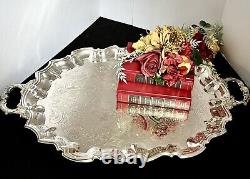 Silver Plated Serving Tray Etched Footed Handled Butlers Tea Coffee Silver Tray