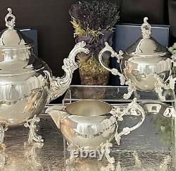 Silver Plated Tea Service Set Tray FB Rogers Hibiscus 1960 Vintage 4 Pc Tea Set