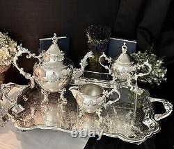 Silver Plated Tea Service Set Tray FB Rogers Hibiscus 1960 Vintage 4 Pc Tea Set