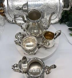 Silver Plated Tea Set Rogers Bro Rochelle 4 pieces with Oneida Tray Vintage