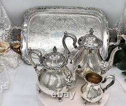 Silver Plated Tea Set Rogers Bro Rochelle 4 pieces with Oneida Tray Vintage