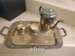 Silver over copper plate B Rodgers silver co tray tea kettle cups antique old
