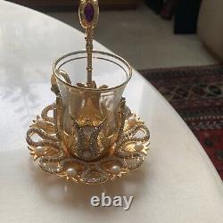 Silver plate Tea Set With Gold Plated Glass Tea cups & Spoon