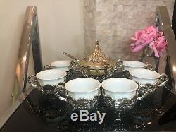 Silver plated porcelain espresso coffee tea cups & sugar bowl set