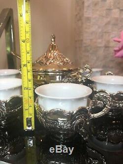 Silver plated porcelain espresso coffee tea cups & sugar bowl set