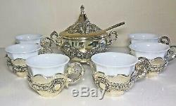 Silver plated porcelain espresso coffee tea cups & sugar bowl set