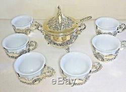 Silver plated porcelain espresso coffee tea cups & sugar bowl set