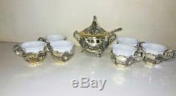 Silver plated porcelain espresso coffee tea cups & sugar bowl set