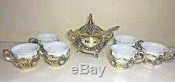 Silver plated porcelain espresso coffee tea cups & sugar bowl set